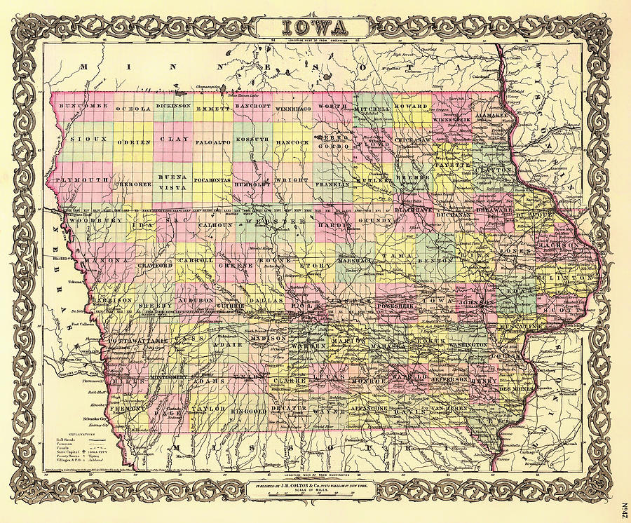 Antique Map of Iowa 1855 Drawing by Mountain Dreams - Pixels