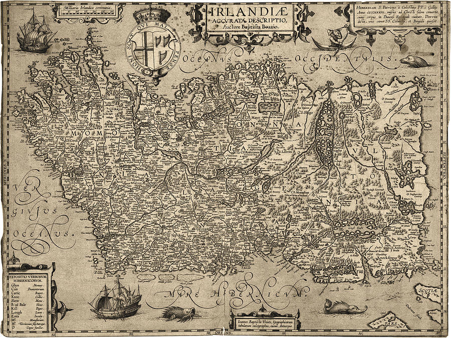 Antique Map of Ireland by Baptista Boazio - 1606 Drawing by Blue Monocle