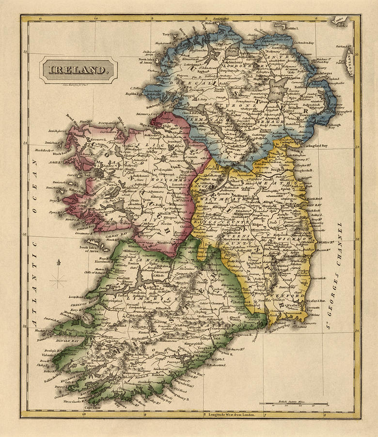 Map Drawing - Antique Map of Ireland by Fielding Lucas - circa 1817 by Blue Monocle