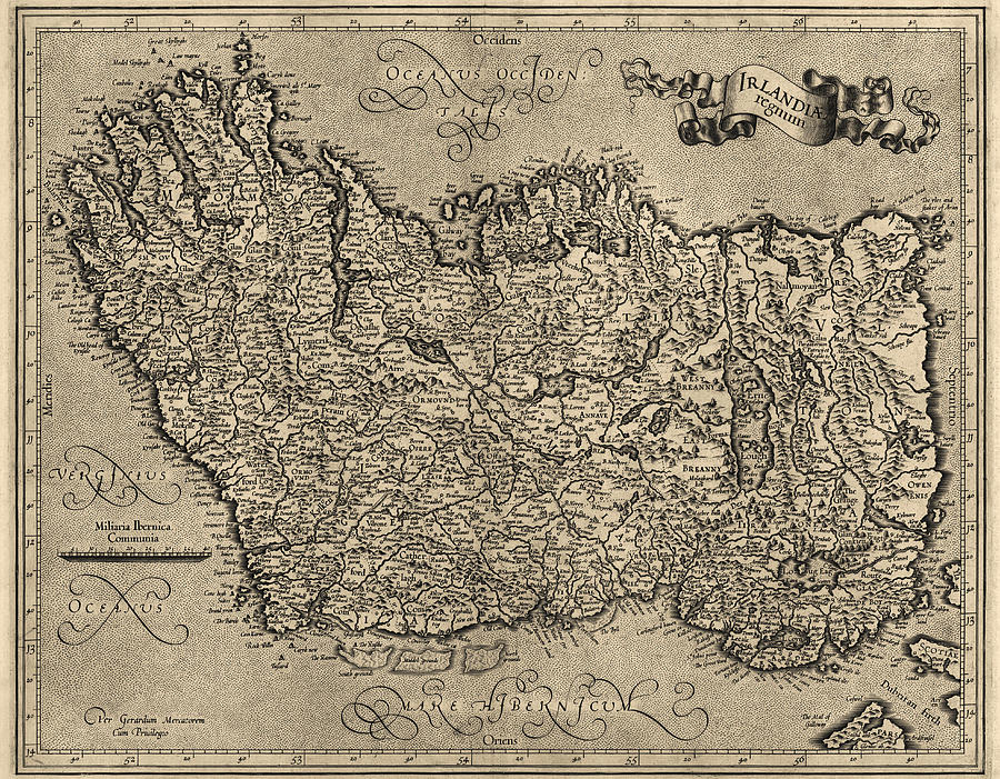 Map Drawing - Antique Map of Ireland by Gerardus Mercator - circa 1600 by Blue Monocle