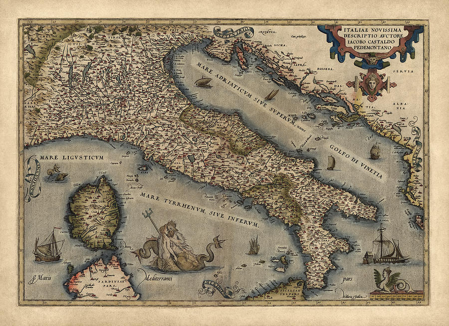 Map Drawing - Antique Map of Italy by Abraham Ortelius - 1570 by Blue Monocle