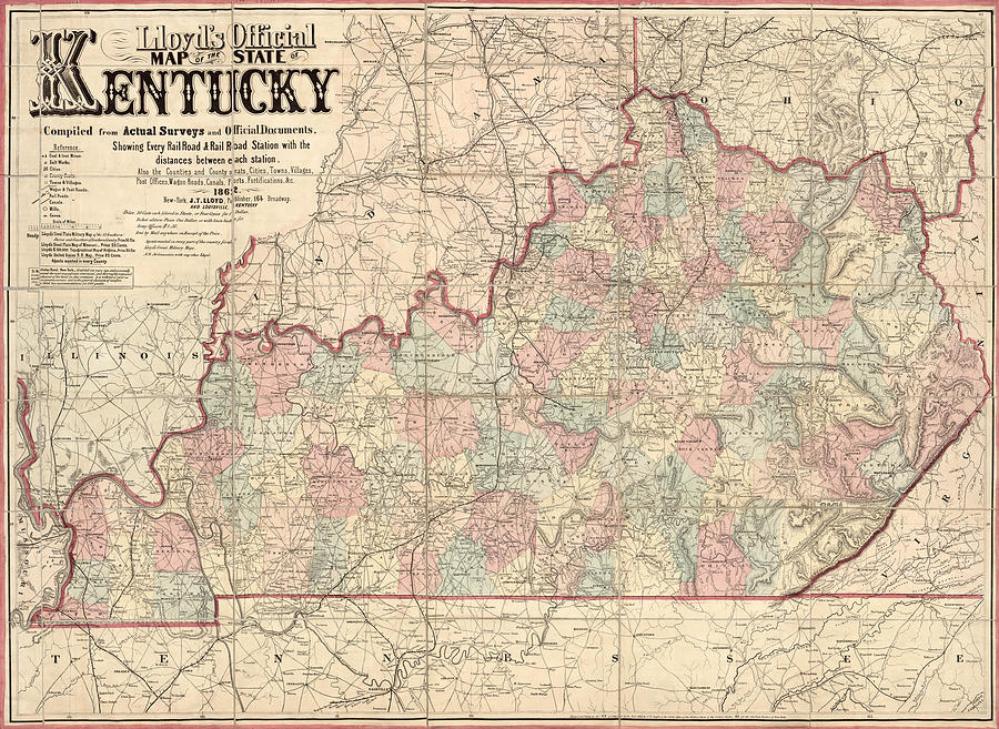 Antique Map of Kentucky by James T. Lloyd - 1862 Drawing by Blue Monocle