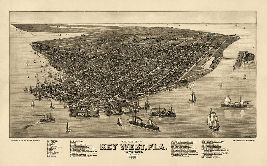 Map Drawing - Antique Map of Key West Florida by J. J. Stoner - 1884 by Blue Monocle