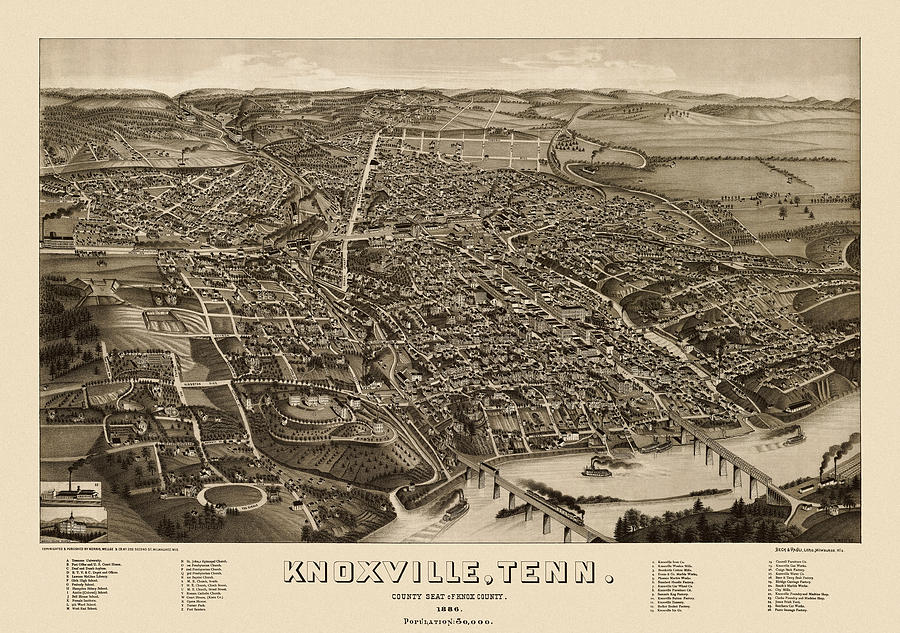 Antique Map of Knoxville Tennessee by H. Wellge - 1886 Drawing by Blue Monocle