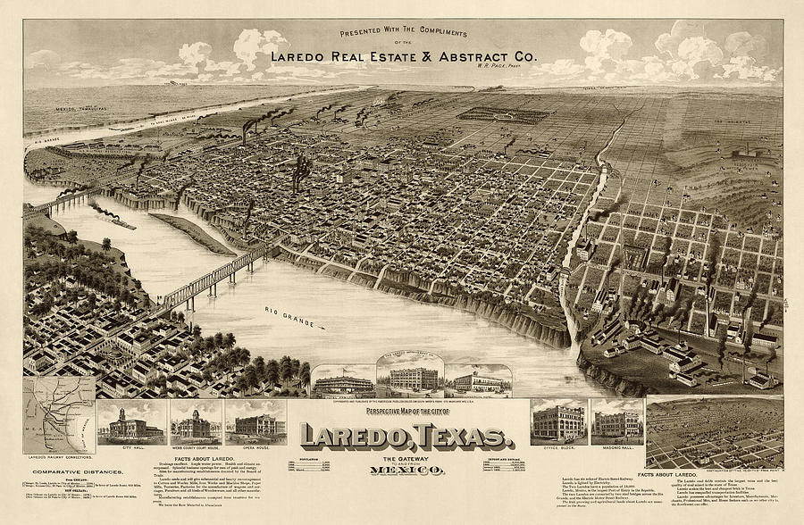Antique Map of Laredo Texas - circa 1892 Drawing by Blue Monocle