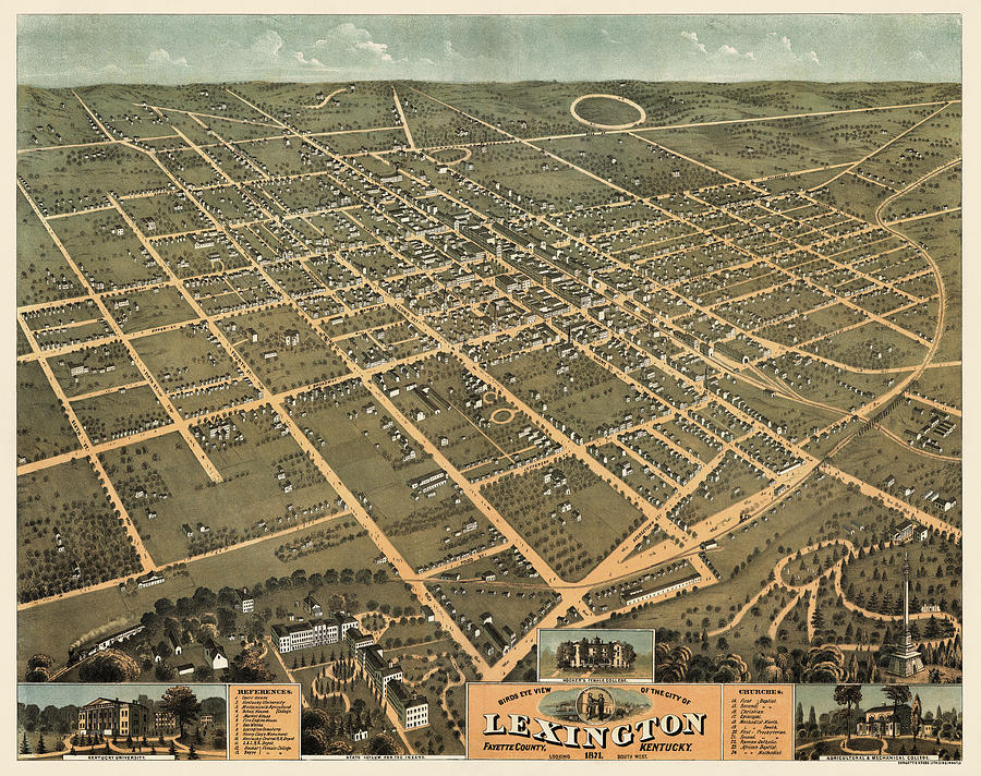 Antique Map of Lexington Kentucky by A. Ruger - 1871 Drawing by Blue Monocle