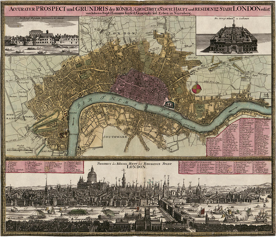 Antique Map of London England by Johann Baptist Homann - circa 1750 Drawing by Blue Monocle