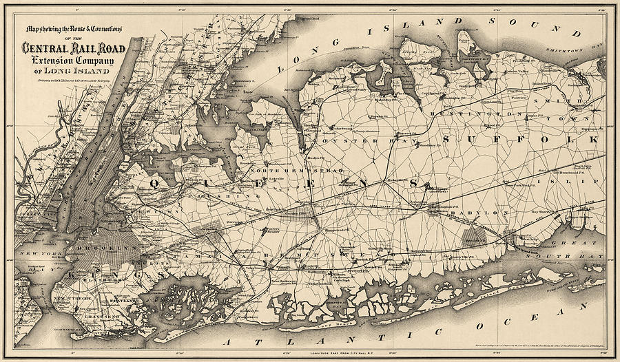 New York City Drawing - Antique Map of Long Island and New York City - 1873 by Blue Monocle