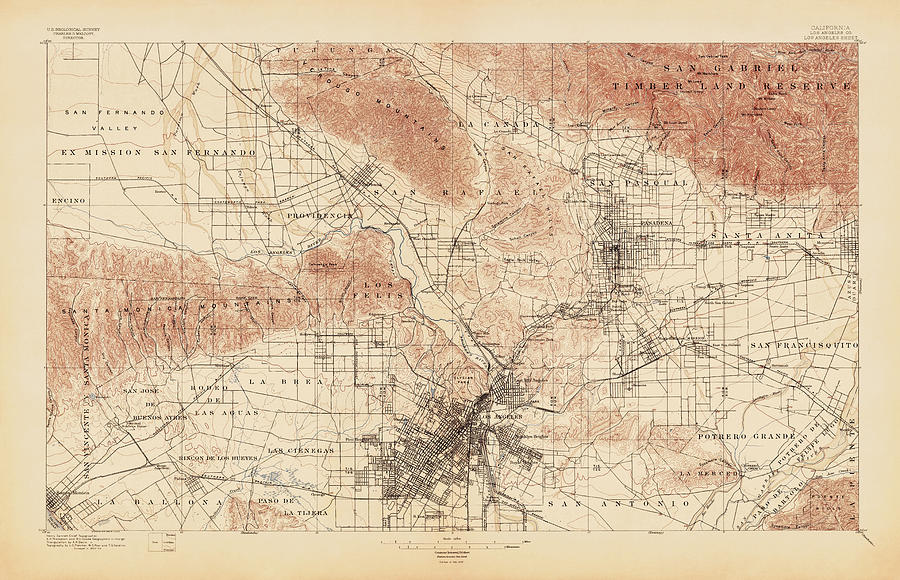 Antique Map of Los Angeles - USGS Topographic Map - 1897 Drawing by Blue Monocle