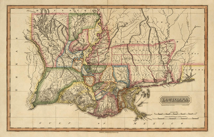 Antique Map of Louisiana by Fielding Lucas circa 1817 Drawing by Blue