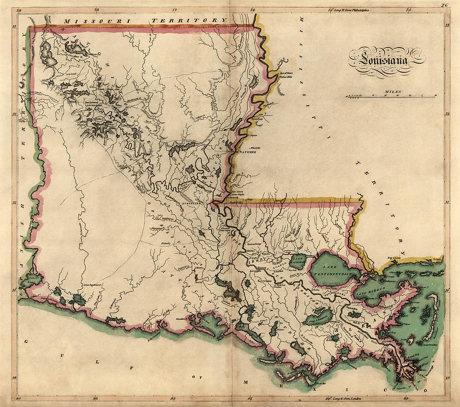 Antique Map of Louisiana by Mathew Carey - 1814 Drawing by Blue Monocle