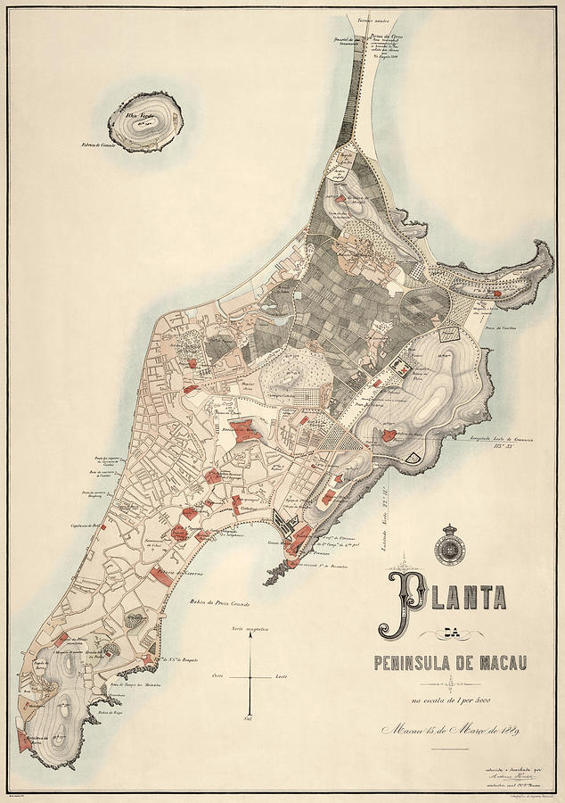 Antique Map of Macau China by the Sociedade de Geografia de Lisboa - 1889 Drawing by Blue Monocle