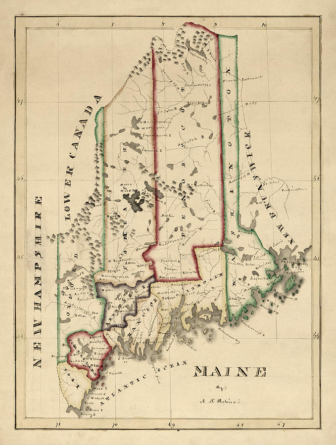 Maine Map Drawing - Antique Map of Maine by A. T. Perkins - circa 1820 by Blue Monocle