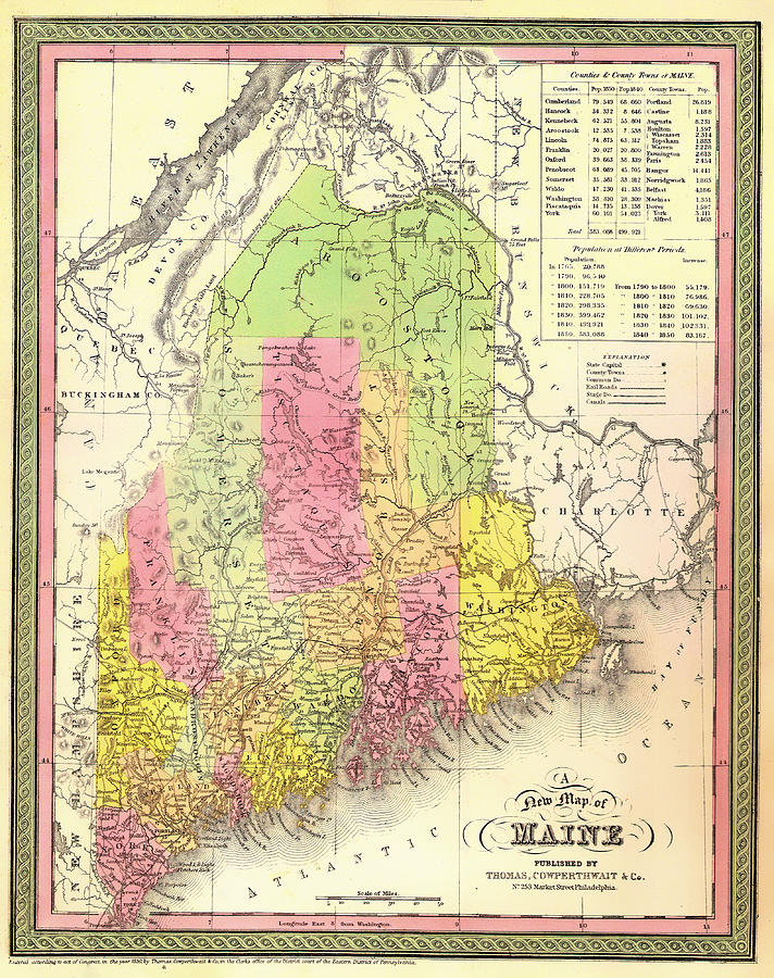 Antique Map of Maine Drawing by Mountain Dreams