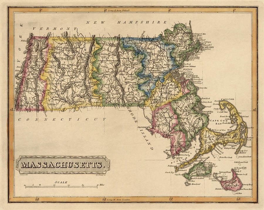 Massachusetts Map Drawing - Antique Map of Massachusetts by Fielding Lucas - circa 1817 by Blue Monocle