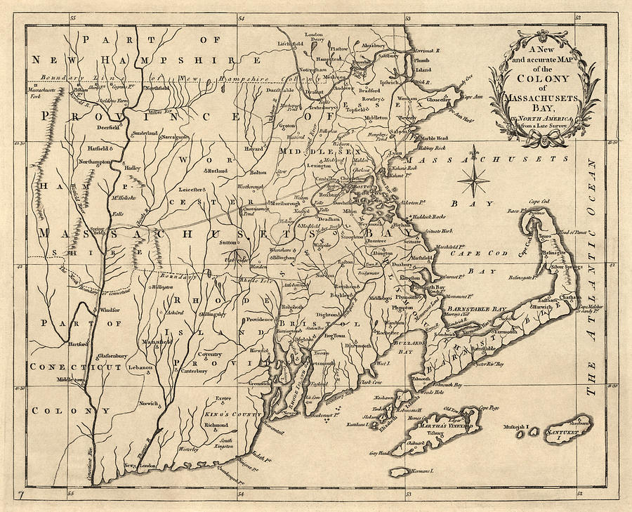 Antique Map of Massachusetts by John Hinton - 1780 Drawing by Blue Monocle