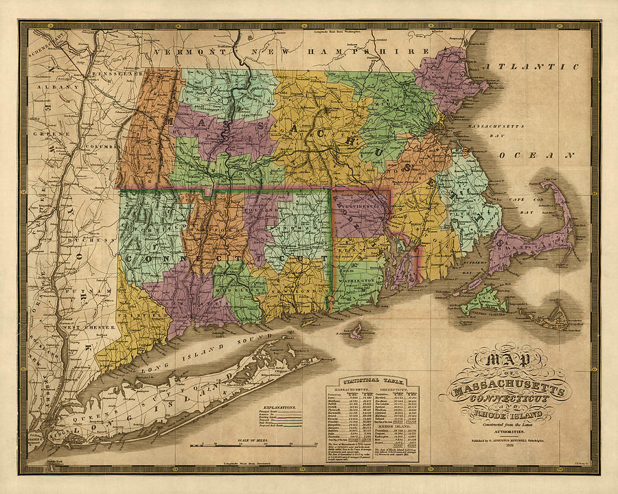 Map Drawing - Antique Map of Massachusetts Connecticut and Rhode Island by Samuel Augustus Mitchell - 1831 by Blue Monocle