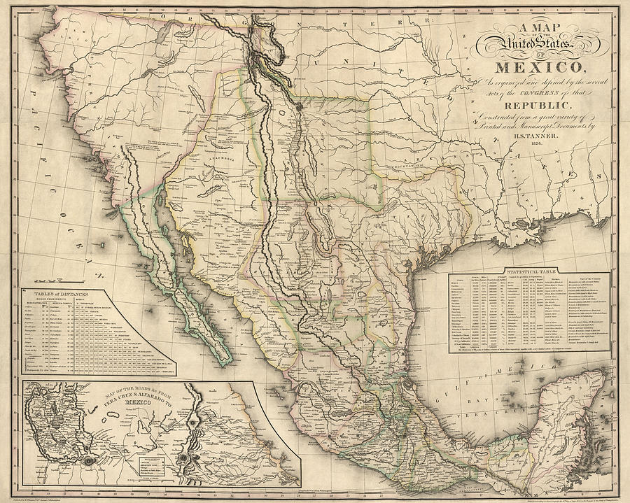Map Drawing - Antique Map of Mexico by Henry Schenck Tanner - 1826 by Blue Monocle