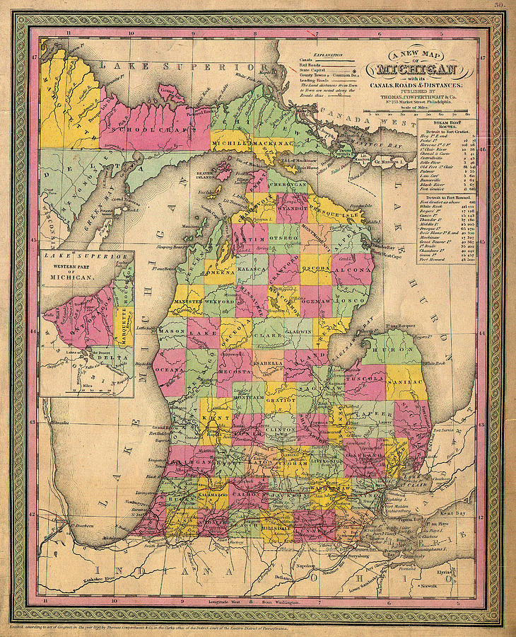 Antique Map of Michigan 1853 Drawing by Mountain Dreams - Fine Art America