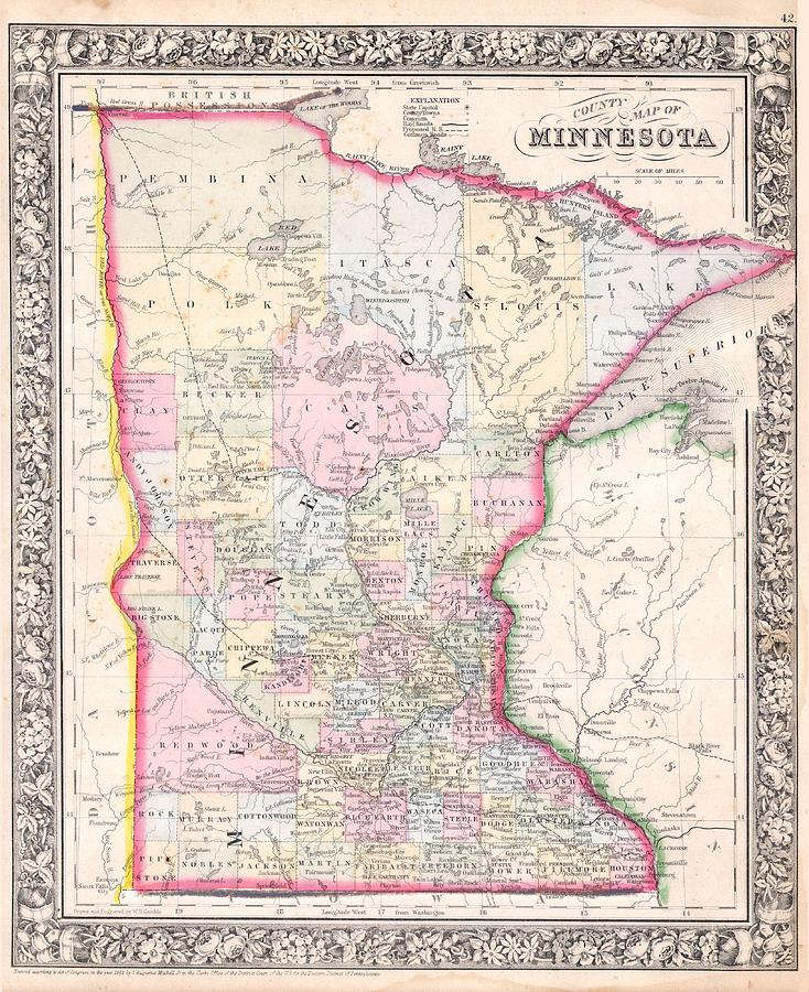 Map Drawing - Antique Map of Minnesota 1864 by Mountain Dreams