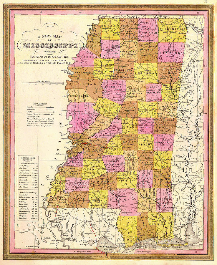 Antique Map of Mississippi 1846 Drawing by Mountain Dreams