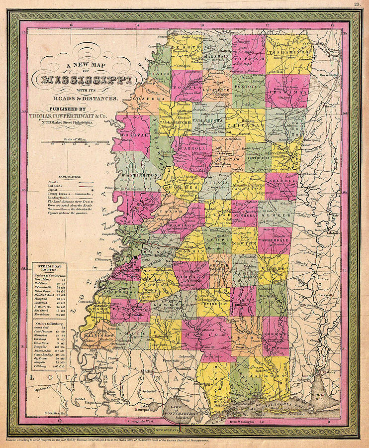 Antique Map of Mississippi 1850 Drawing by Mountain Dreams - Fine Art ...