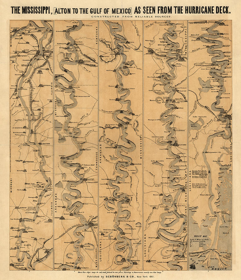 Antique Map of Mississippi River by Schonberg and Co. - 1861 Drawing by Blue Monocle