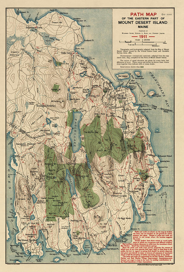 Antique Map of Mount Desert Island - Acadia National Park - by Waldron Bates - 1911 Drawing by Blue Monocle