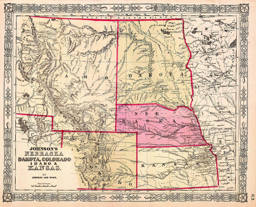 Antique Map Of Nebraska Dakota Colorado Idaho And Kansas 1863 Drawing ...