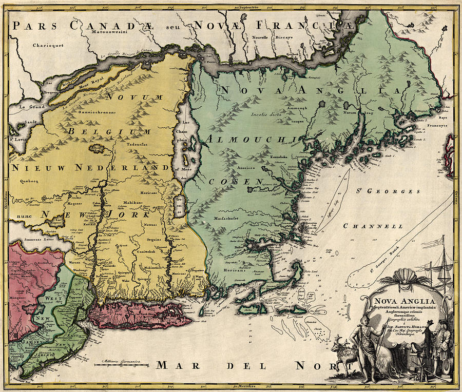 Antique Map of New England by Johann Baptist Homann - circa 1760 Drawing by Blue Monocle