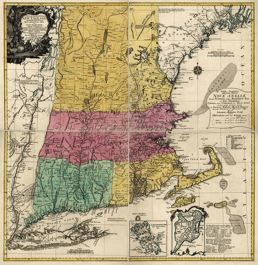 Map Drawing - Antique Map of New England by Johann Michael Probst - 1777 by Blue Monocle