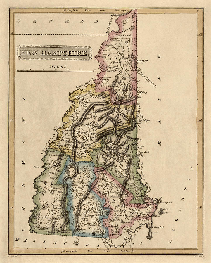 New Hampshire Map Drawing - Antique Map of New Hampshire by Fielding Lucas - circa 1817 by Blue Monocle
