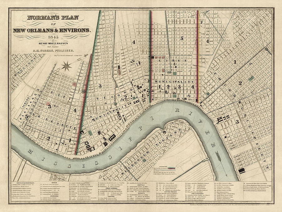 Antique Map of New Orleans by Balduin Mollhausen - 1845 Drawing by Blue Monocle
