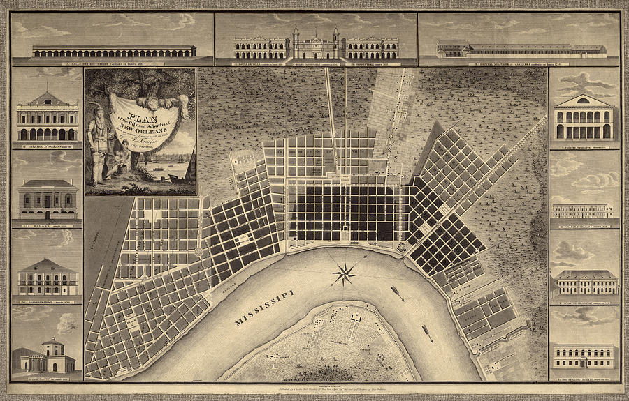 Antique Map of New Orleans by I. Tanesse - 1817 Drawing by Blue Monocle