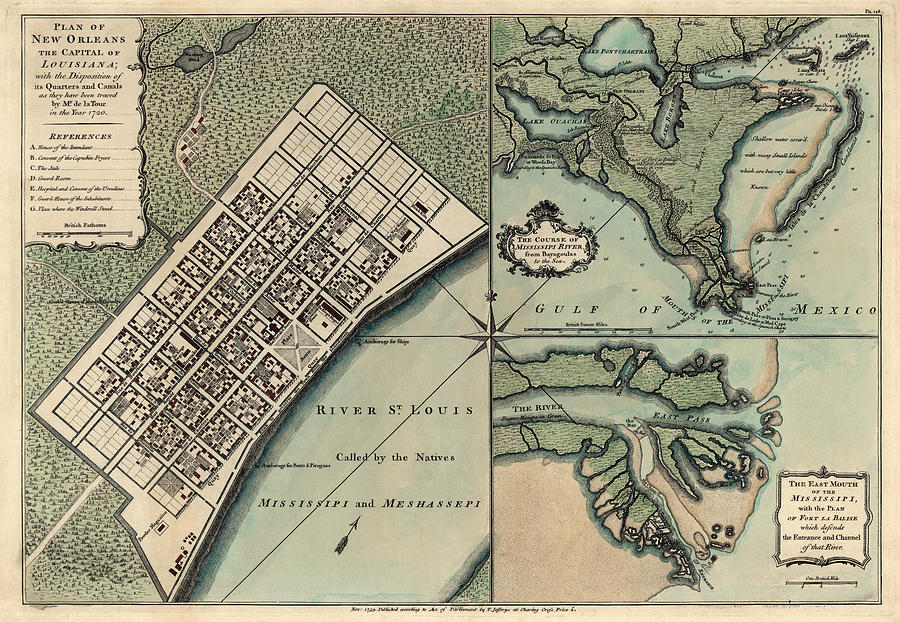 New Orleans Drawing - Antique Map of New Orleans by Thomas Jefferys - 1759 by Blue Monocle