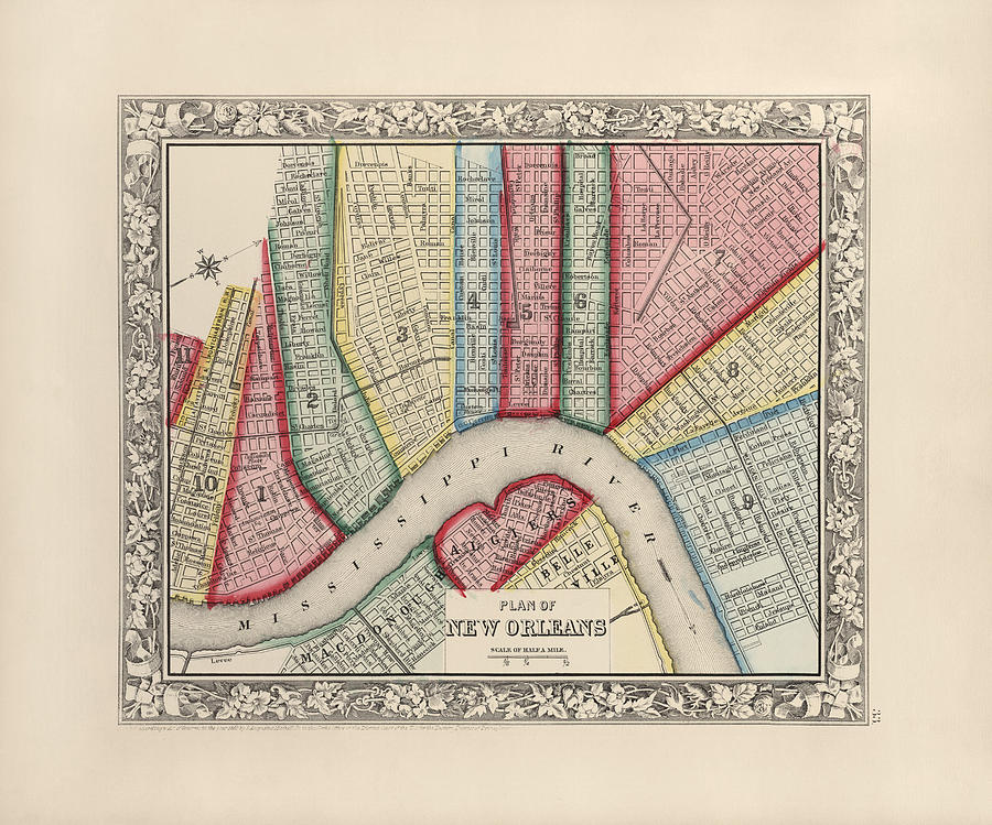 Antique Map of New Orleans Louisiana by Samuel Augustus Mitchell - 1863 Drawing by Blue Monocle
