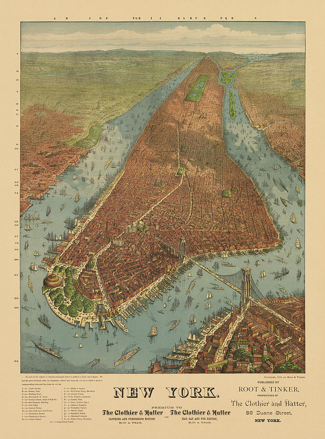 New York City Drawing - Antique Map of New York City - 1879 by Blue Monocle