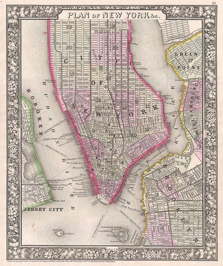 New York City Drawing - Antique Map of New York City and Brooklyn 1860 by Mountain Dreams