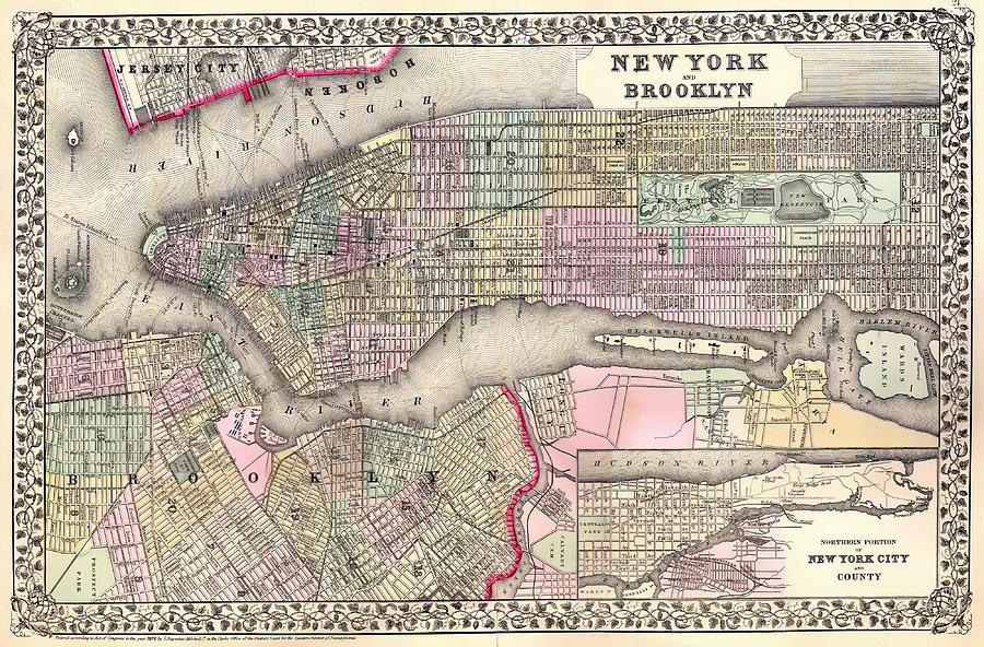 Antique Map of New York City and Brooklyn 1867 Drawing by Mountain Dreams