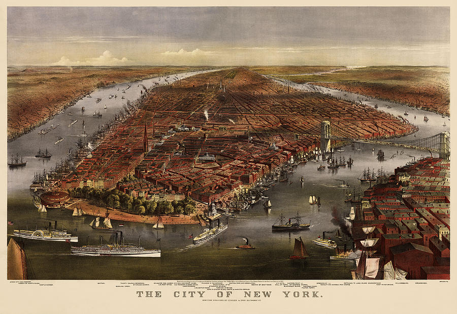 Antique Map of New York City by Currier and Ives - 1870 Drawing by Blue Monocle