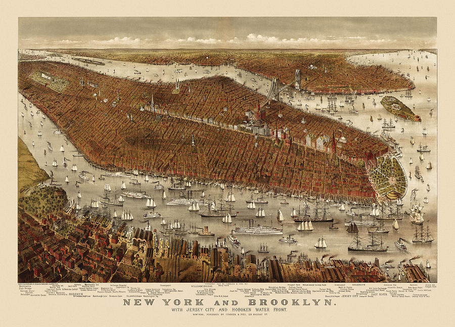 Currier And Ives Drawing - Antique Map of New York City by Currier and Ives - circa 1877 by Blue Monocle