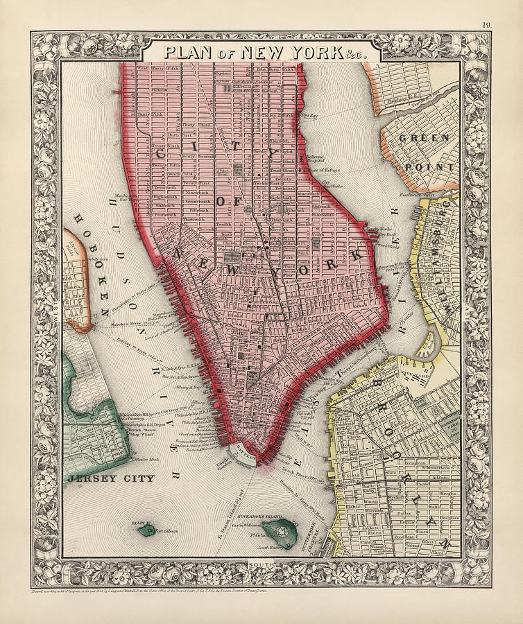 Antique Map of New York City by Samuel Augustus Mitchell - 1863 Drawing by Blue Monocle