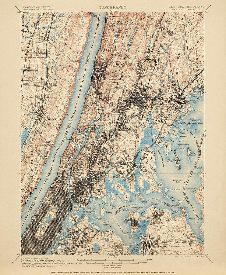 Antique Map of New York City - USGS Topographic Map - 1900 Drawing by Blue Monocle
