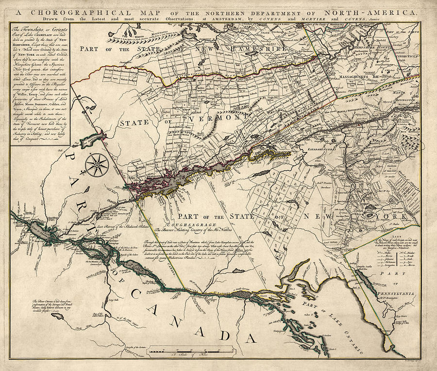 Antique Map of New York State and Vermont by Covens et Mortier - 1780 Drawing by Blue Monocle