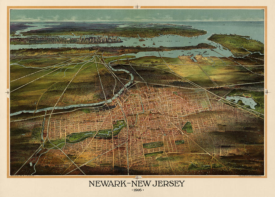 Antique Map of Newark New Jersey by T. J. Shepherd Landis - 1916 Drawing by Blue Monocle