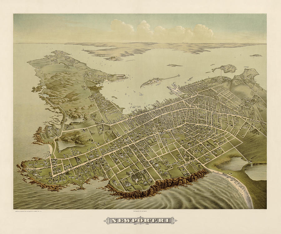 Map Drawing - Antique Map of Newport Rhode Island by Galt and Hoy - 1878 by Blue Monocle
