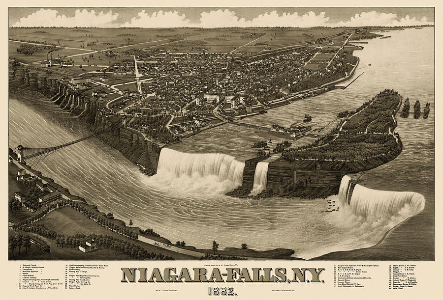 Map Drawing - Antique Map of Niagara Falls New York by H. Wellge - 1882 by Blue Monocle