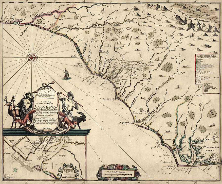 Antique Map of North Carolina and South Carolina by Joel Gascoyne - 1682 Drawing by Blue Monocle
