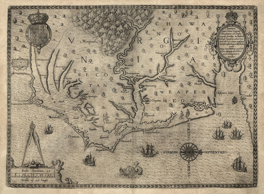 Antique Map of North Carolina and Virginia by John White - 1590 Drawing by Blue Monocle