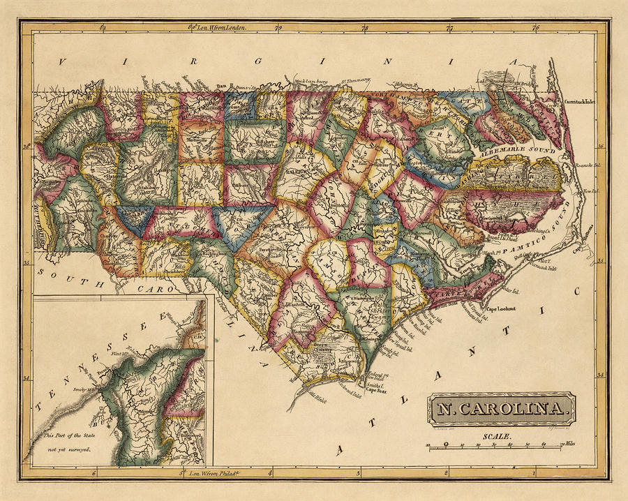 Antique Map of North Carolina by Fielding Lucas - circa 1817 Drawing by Blue Monocle